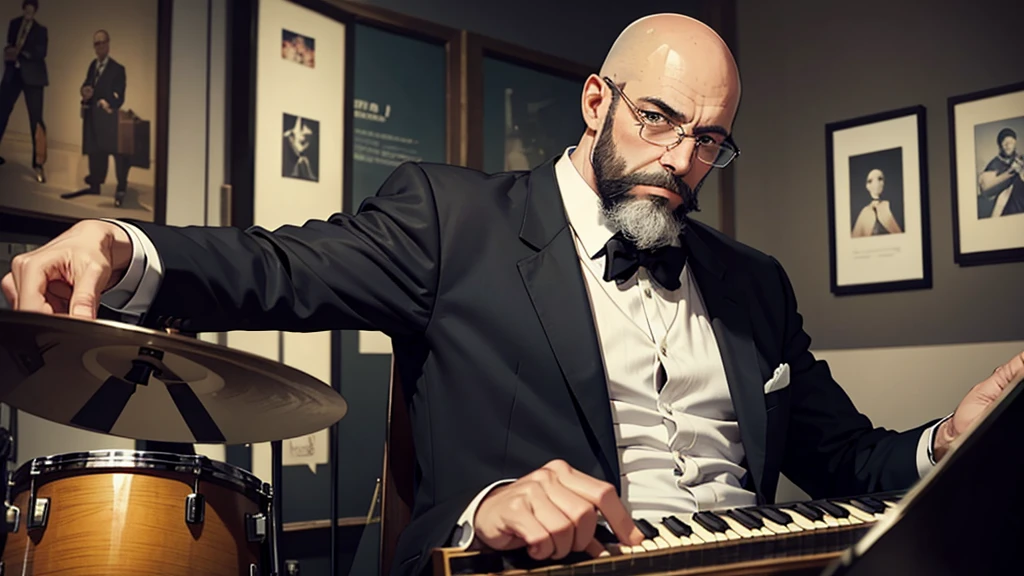 A bald man with a dark beard at a jazz music exhibition, the image has to have a jazz era style