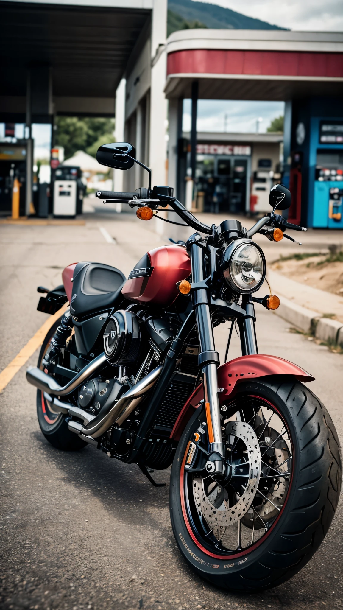 there is a motorcycle parked in front of a gas station, a picture by Daniel Seghers, pexels contest winner, photorealism, harley davidson motorbike, harley davidson, shot with sony alpha 1 camera, motorcycle, shot with sony alpha, shot on leica sl2, shot on canon eos r 5, shot on canon eos r5