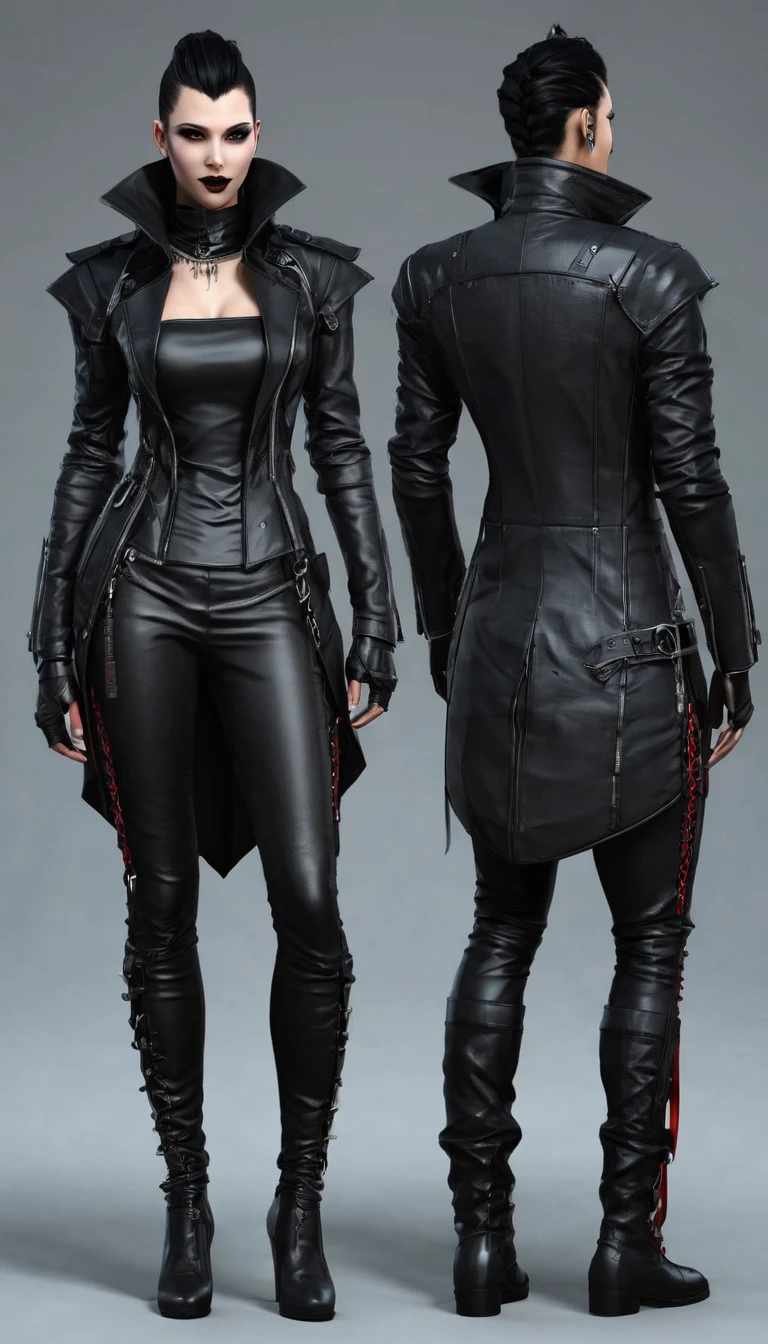 Create a full body man character and clothing items from vampire clans in modern times and create modern and cyberpunk fashion. Front, side and backCreate a full body female character and clothing items from vampire clans in modern times and create modern and cyberpunk fashion. Front, side and back
