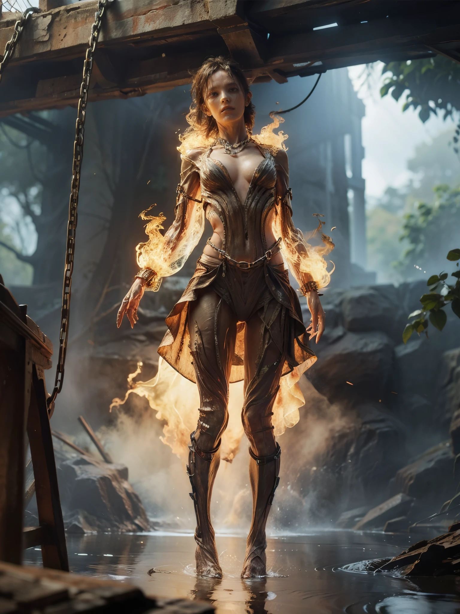 RUSTY CHAINS, (lens flare, bokeh, Wide-Angle, Ultra-Wide Angle, from below, from side, wide shot, isometric, afterimage, partially underwater shot), (from below:1.5), ((Detailed eyes)), [fire elemental woman in chain:1.3], [chains at the ankles], [chains at the ankles], [chains at the ankles:1.3], [the chains on the wrists], [the chains on the wrists], [the chains on the wrists], bare feet, full body chain, dirty fire elemental woman chained to a chair in a cage, white torn stockings, broken glasses, woman in chain in a cage, iron bars, desperate expression, worried alice in wonderland chained in a cage, concerned about future, brunette, realistic hands, bars in the window. Blurred foreground. Waterfalls, rain, storm. Fire, flames.