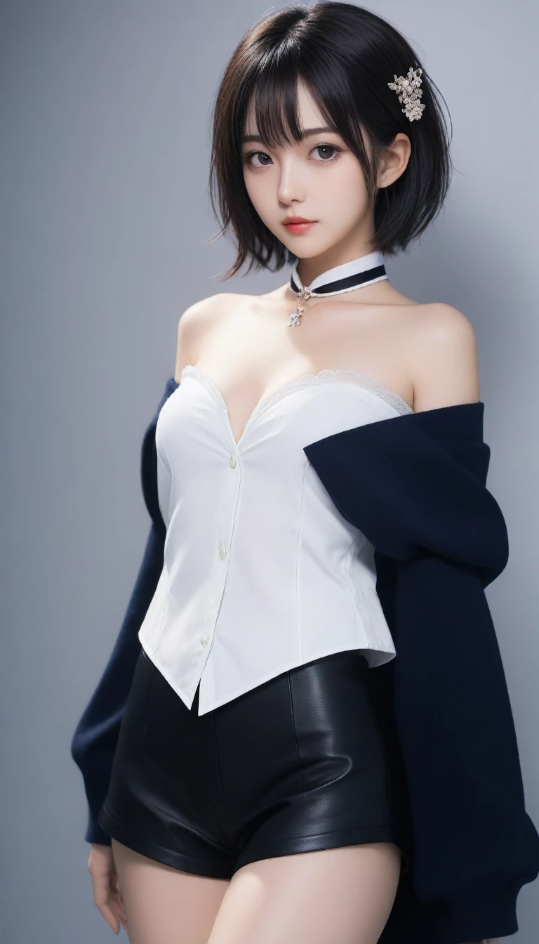 8K, Ultra-high resolution, Highest quality, masterpiece, 三分割法によるphotograph,Surreal, photograph, 1 Girl, (:1.3), pretty girl, Cute face, Beautiful eyes in every detail, 細かくdetailedに,masterpiece,One Girl:1.2, Japan Female Announcer, masterpiece, Beautiful art, Professional Artist, 8K, 非常にdetailedな顔, detailedな衣服, detailedな生地, 1 Girl, Soul fulfillment \(Honkai Impact 3\), Front view, Are standing, Perfectly drawn body, Embarrassed look, Pale skin, Beautiful Face, Short dark blue hair, 4K eyes, Very fine grain, Pink Cheeks, choker:1.6, (White long sleeve button down shirt with white collar), Black gloves, Gloves to cover your hands, (Black leather corset), (shiny black leggings), Sensual lips , Winter Night, 目のdetailedを見せる, Looking at the audience, Elegant Room, At night,Beautiful leg line beauty,Looking at the audience、beauty,Long neck、(((Ideal body type))),A cup small breasts :2,、Portraiture:2、Perfect Anatomy、鮮明なdetailed、detailed、Surreal、Light and shadow,Strong light