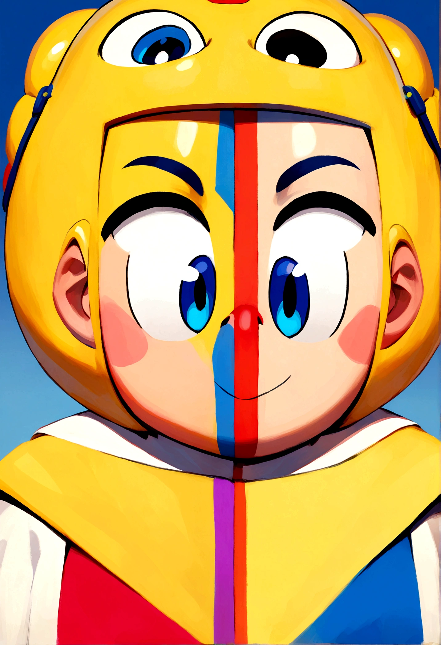 Pixar-style character with yellow helmet and white short-sleeved shirt with doubt