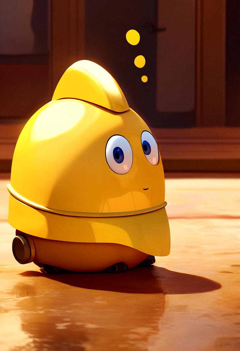 Pixar-style character with yellow helmet and white short-sleeved shirt with doubt