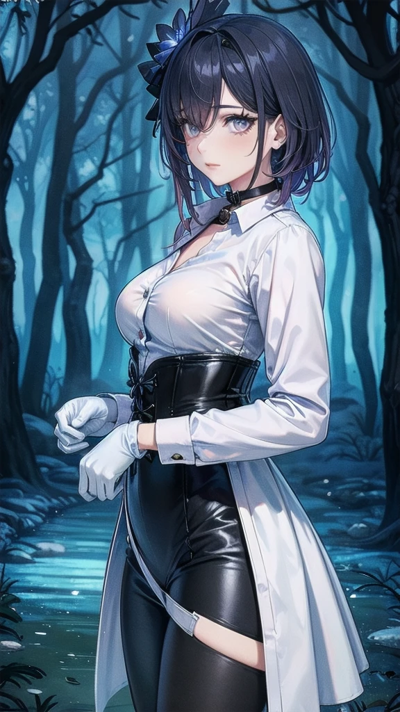Masterpiece, Beautiful art, professional artist, 8k, Very detailed face, Detailed clothing, detailed fabric, 1 girl, Soul Fullness \(Honkai Impact 3rd\), front view, standing, perfectly drawn body, shy expression, pale skin, beautiful face, short dark blue hair, 4k eyes, very detailed eyes, pink cheeks, choker:1.6, (white long sleeve button down shirt with white collar), black gloves, gloves that cover hands, (black leather corset), (shiny black leggings), Sensual Lips , winter night, show details in the eyes, looking at the viewer, dark forest, Atmosphere, fog, At night