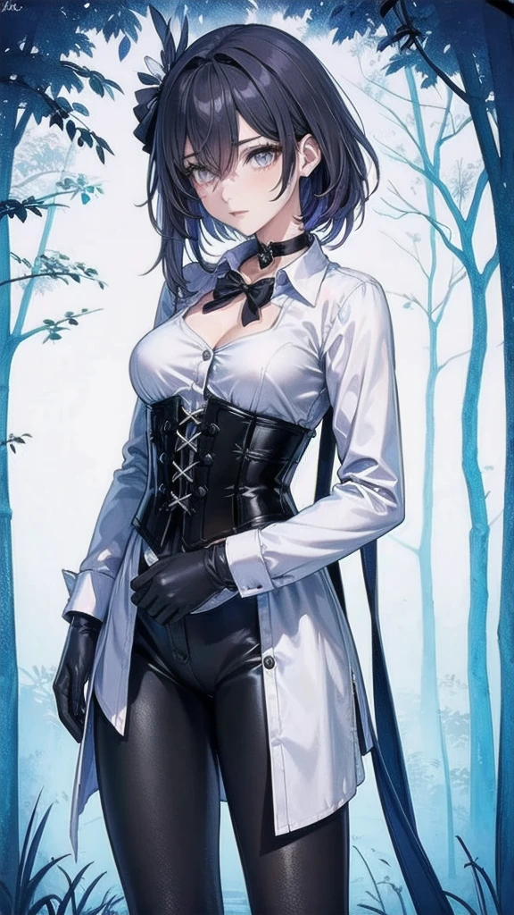 Masterpiece, Beautiful art, professional artist, 8k, Very detailed face, Detailed clothing, detailed fabric, 1 girl, Soul Fullness \(Honkai Impact 3rd\), front view, standing, perfectly drawn body, shy expression, pale skin, beautiful face, short dark blue hair, 4k eyes, very detailed eyes, pink cheeks, choker:1.6, (white long sleeve button down shirt with white collar), black gloves, gloves that cover hands, (black leather corset), (shiny black leggings), Sensual Lips , winter night, show details in the eyes, looking at the viewer, dark forest, Atmosphere, fog, At night