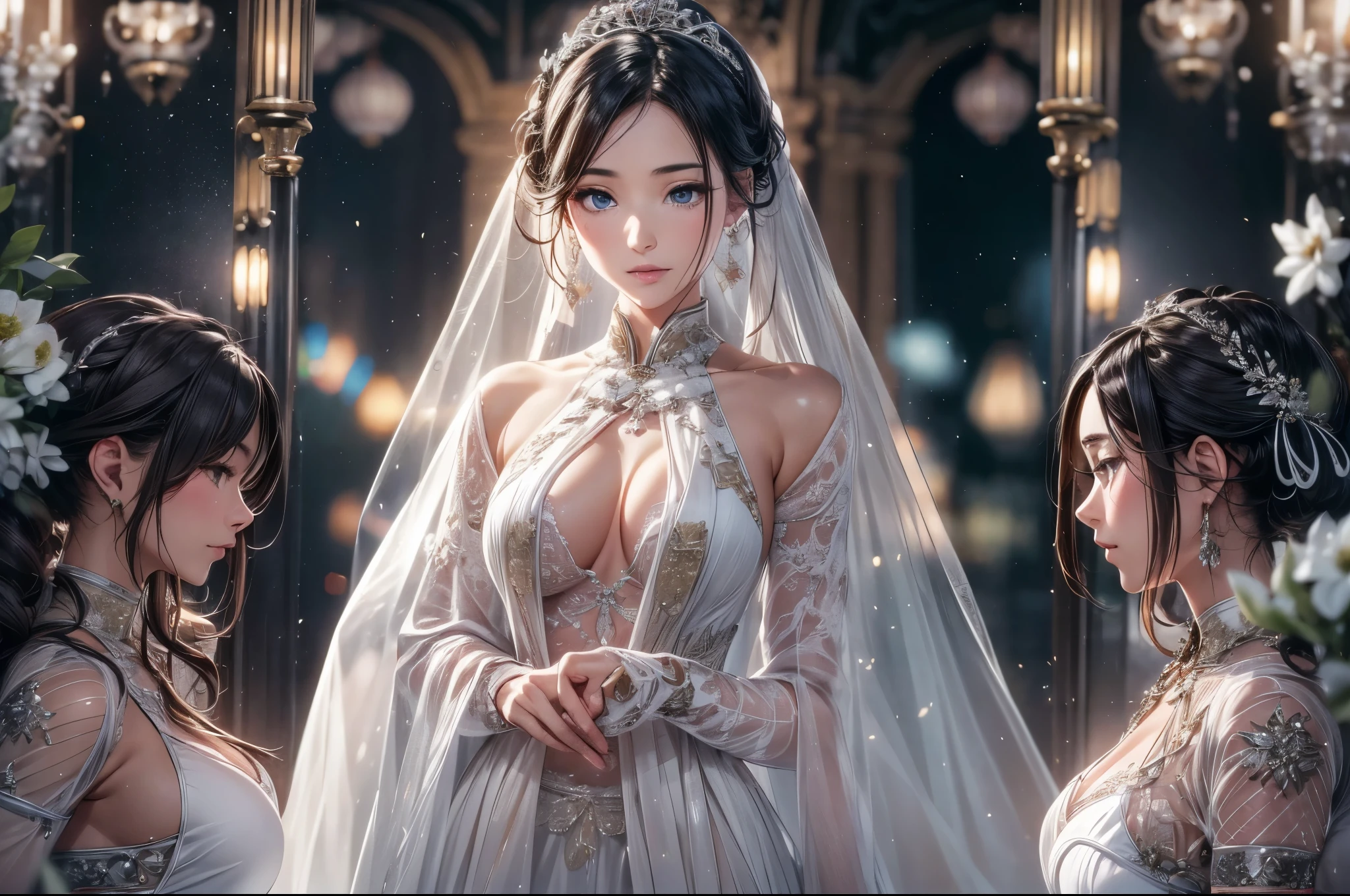 best quality, masterpiece, High resolution, 1 chinese girl,Wedding dress,hair accessories,necklace, jewelry,pretty face,Above_Body, The Tyndall effect,Realistic, Dark Studio, Edge lighting, two color lights,(Highly detailed skin:1.2), 8K uhd, DSLR camera, soft light, high quality, Volumetric lighting, confess, photo, High resolution, 8K, Bokeh