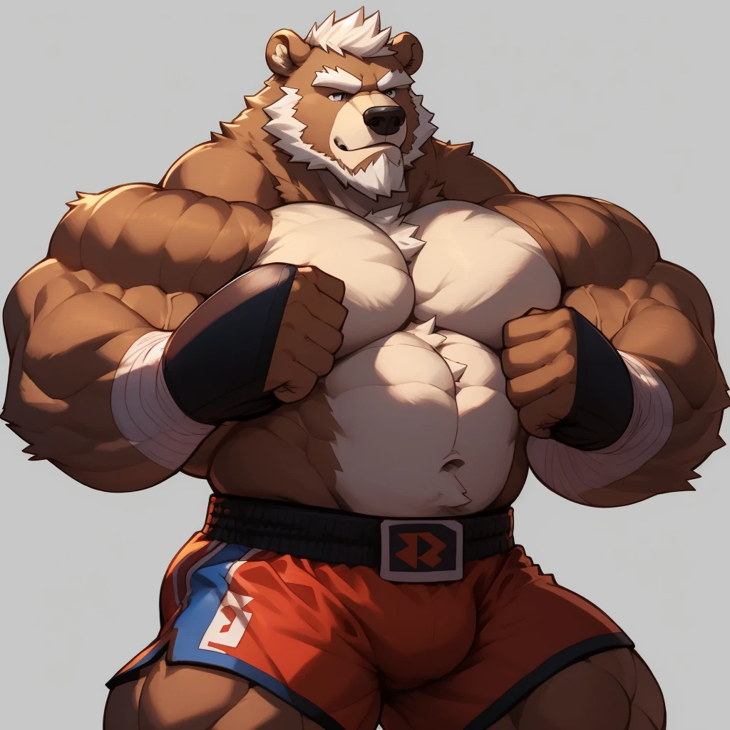 solo, 1boy, Huge Muscular Old grizzly bear wearing boxing belt , pectoral, thick arms, huge pectoral, wide pectoral, short white hair, huge brown fur, boxing shorts and shirtless, bearded, simple background, masterpiece, semirealistic:1.2, high detailed, 8k, high resolution