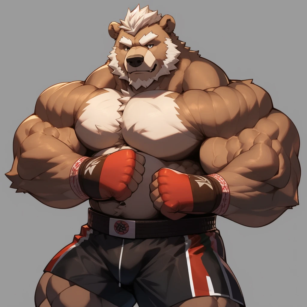 solo, 1boy, Huge Muscular Old grizzly bear wearing boxing belt , pectoral, thick arms, huge pectoral, wide pectoral, short white hair, huge brown fur, boxing shorts and shirtless, bearded, simple background, masterpiece, semirealistic:1.2, high detailed, 8k, high resolution