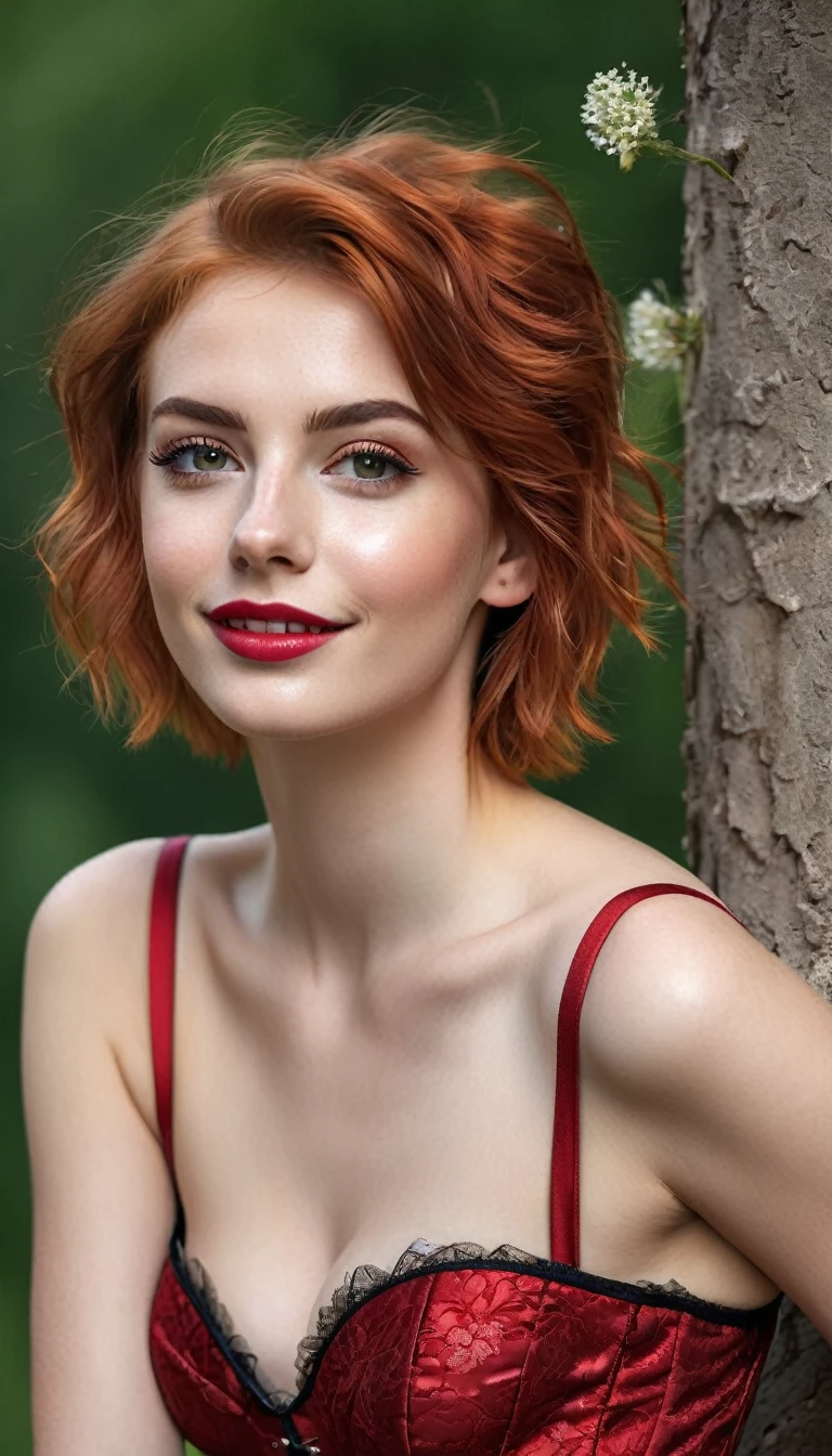 ultrarealistic high quality upperbody photo of 2 beautiful slim european 25-year-old women with cute hyperdetailed shy happy face and natural redhead short messy hair and long legs, realistic round hazel eyes, natural lips, decent makeup with eyeliner, wearing shiny red corsets, hourglass body, outdoor shooting