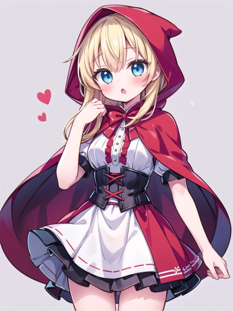 1girl, little red riding hood (grimm), blonde hair, long hair, puffy short sleeves, bow, red hooded capelet, white dress, very short dress, white silk short dress, white shirt, RedHoodWaifu, red hood, cape, corset, dress, red skirt, blush, :o, blue eyes