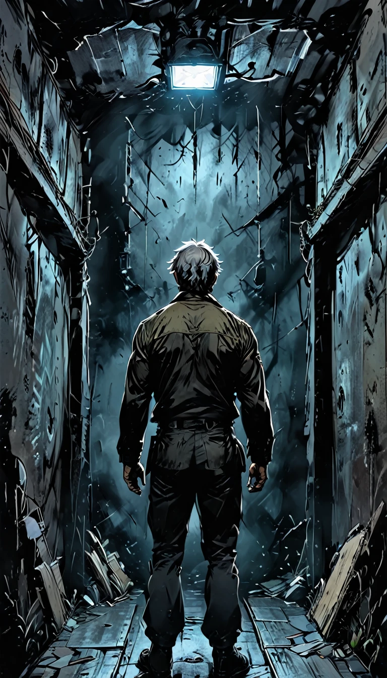 Wide shot of the small storage chamber at the rear of the ship, showing Commander Jim, a 50-year-old man with a square jaw, grizzled hair, and muscular build, trapped inside. Use a dark and foreboding color palette to convey the ominous atmosphere of the scene, dark anime, Madhouse Studio style, cinematic, HD, high contrast, intricate, 4k.