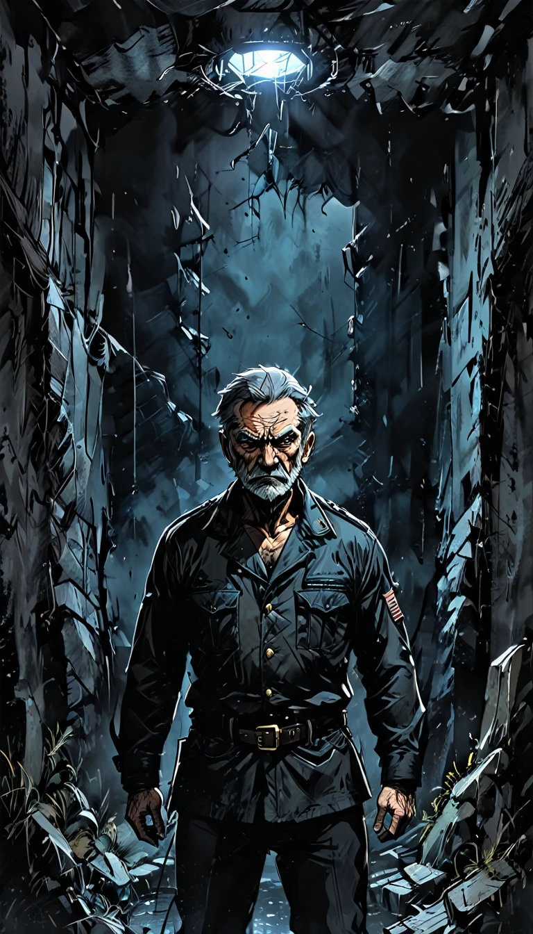 Wide shot of the small storage chamber at the rear of the ship, showing Commander Jim, a 50-year-old man with a square jaw, grizzled hair, and muscular build, trapped inside. Use a dark and foreboding color palette to convey the ominous atmosphere of the scene, dark anime, Madhouse Studio style, cinematic, HD, high contrast, intricate, 4k.