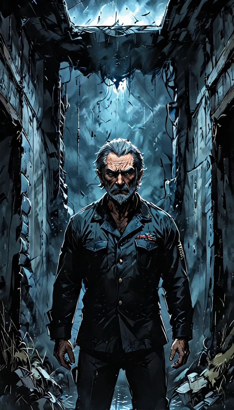 Wide shot of the small storage chamber at the rear of the ship, showing Commander Jim, a 50-year-old man with a square jaw, grizzled hair, and muscular build, trapped inside. Use a dark and foreboding color palette to convey the ominous atmosphere of the scene, dark anime, Madhouse Studio style, cinematic, HD, high contrast, intricate, 4k.