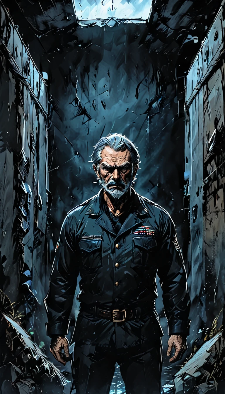 Wide shot of the small storage chamber at the rear of the ship, showing Commander Jim, a 50-year-old man with a square jaw, grizzled hair, and muscular build, trapped inside. Use a dark and foreboding color palette to convey the ominous atmosphere of the scene, dark anime, Madhouse Studio style, cinematic, HD, high contrast, intricate, 4k.