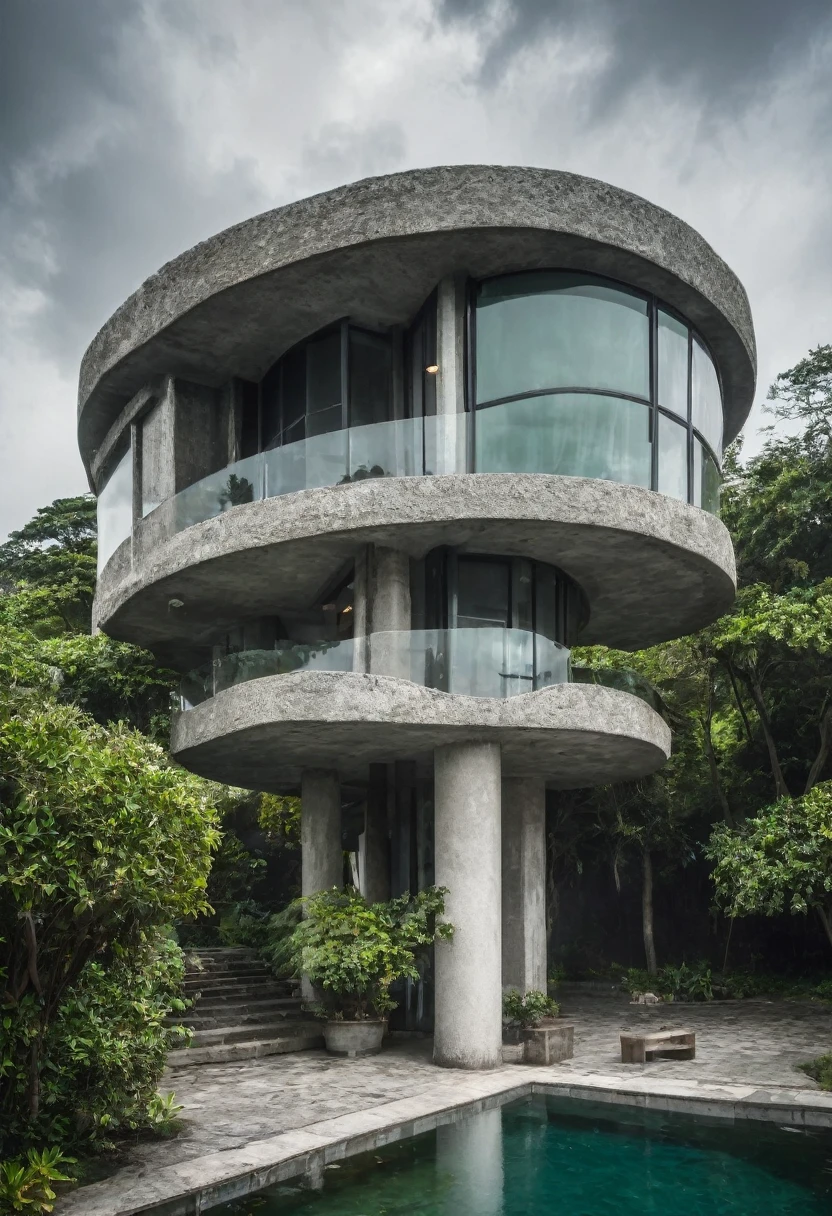 RAW photograph taken with the Nikon D7500 + AF-S DX NIKKOR camera, 18mm lens, ultra-wide, overhead angle, 8K, top quality, HDR, extremely high realism, extreme realism, lamp temperature 9,000K, at 7 am, on a very cold morning with (((strong and heavy rain))) and a (((completely gray sky))). In the heart of a vibrant city, Casa Vértice stood majestically. A symbol of brutalist architecture, with its four imposing floors. The facade, a statement of power and simplicity, contrasted with the softness of the surrounding balconies, supported by Ionic columns, like guardians that protected the residence. On rainy afternoons, when the clouds gathered to weave a gray blanket over the city, Casa Vértice transformed into a peaceful and serene refuge. Hanging plants on balconies danced to the rhythm of the rain, while slit-shaped windows let filtered light create hypnotic patterns throughout the interiors. In the center of the vast garden, a narrow lake reflected the gloom of the sky. A sculpture of a woman, carved from white marble, emerged from the calm waters. Her graceful, contemplative pose seemed to capture the essence of the rainy afternoon, evoking a sense of serenity and introspection. Inside Casa Vértice, spaces flowed harmoniously, connecting like parts of an architectural symphony. Residents could admire the beauty of the lake and the sculpture even on rainy days, thanks to the large windows that embraced each room. Thus, Casa Vértice became more than a simple residence. It was a testament to the human ability to create beauty even in the midst of a storm, a celebration of the union between brutalism and delicacy, between the strength of architecture and the serenity of nature.