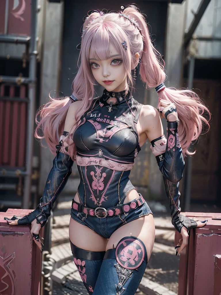 (Full Body View:1.4)、(Full body:1.3)、(Smiling with teeth showing:1.3),(Shibuya Gal:1.5)、(Gothic Lolita style fashion:1.5)、(Punk RockVisual Kei:1.5)、(Wearing a rhythmic gymnastics bodysuit with intricate details:1.4)、(Racing suit and pants with intricate decorations in magenta, denim and wine red:1.5)、(Red, brown and white boots:1.3)、((belt))、(Numerous delicate logo marks all over the costume:1.4)、(collar:1.3)、(Striped underwear:1.5)、30 years old、NSFW、((Highest quality、In 8K、masterpiece:1.3))、Sharp focus:1.2、(Layered Cut、Huge boobs:1.1),Beautiful woman with perfect figure:1.4、(Doing an aerobics pose:1.3)、Slender Abs:1.2、Highly detailed face and skin texture、Detailed eyes、double eyelid,(Twin tails:1.3)、(Pink and cream hair:1.3)、Gravure idol、(The background is the stage of the fashion show:1.3)、(Slim body:1.3),(Make your legs thinner:1.4),(clavicle:1.1)、(Thin and slim thighs:1.3)