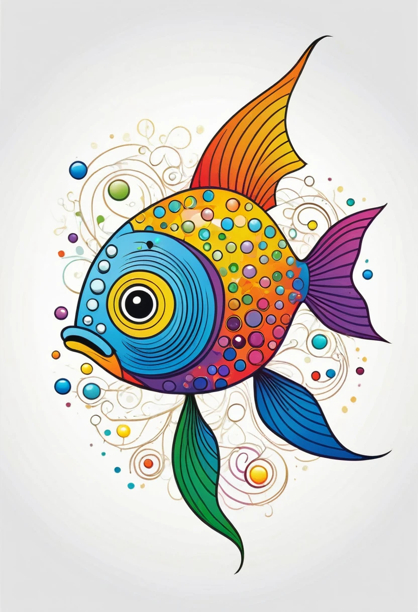 happy multicolored fish, Lines and Dots style, outline, vector, white background