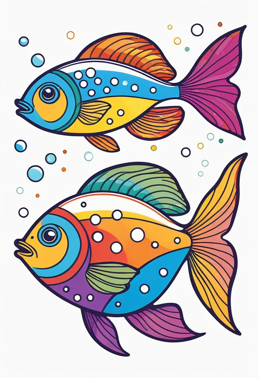happy multicolored fish, Lines and Dots style, outline, vector, white background