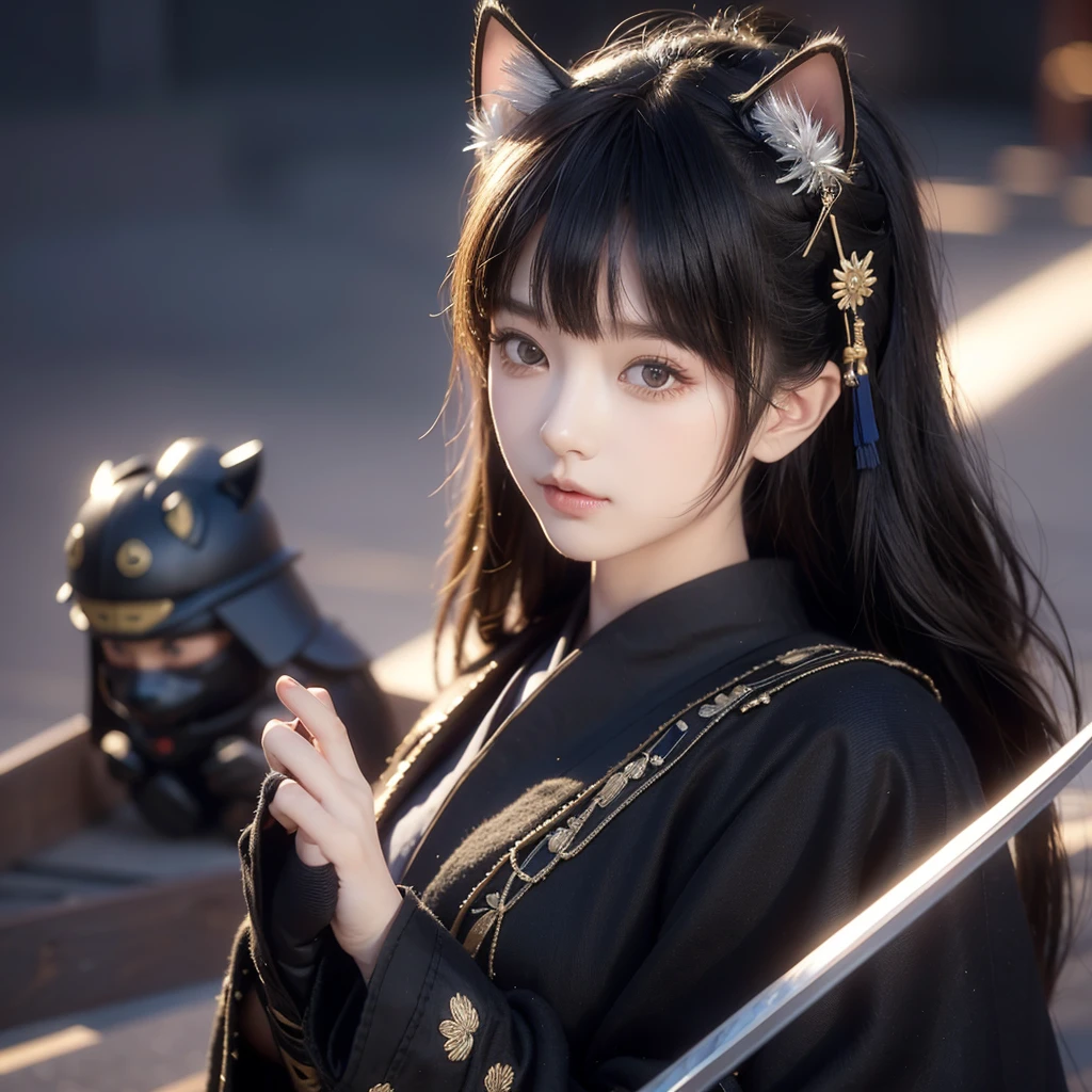 Highest quality, highest quality, High-quality illustrations, masterpiece, Ultra-high resolution, Detailed Background, night scene, very beautiful 7+ year old girl, absurdly beautiful face and eyes, perfect anatomy, performance, good lighting, shadows like in movies, kemono, furry personification, various poses, dynamic angles, panda-themed girl, black hair, wearing cat ears (Put on cat ears), wearing Japanese heritage samurai armor and helmet (Samurai armor and helmets of Japan heritage)