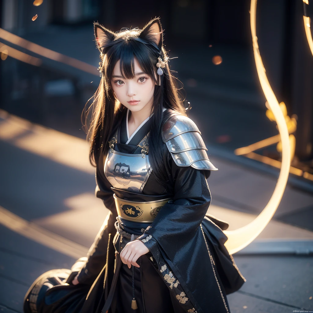 Highest quality, highest quality, High-quality illustrations, masterpiece, Ultra-high resolution, Detailed Background, night scene, very beautiful 7+ year old girl, absurdly beautiful face and eyes, perfect anatomy, performance, good lighting, shadows like in movies, kemono, furry personification, various poses, dynamic angles, panda-themed girl, black hair, wearing cat ears (Put on cat ears), wearing Japanese heritage samurai armor and helmet (Samurai armor and helmets of Japan heritage)