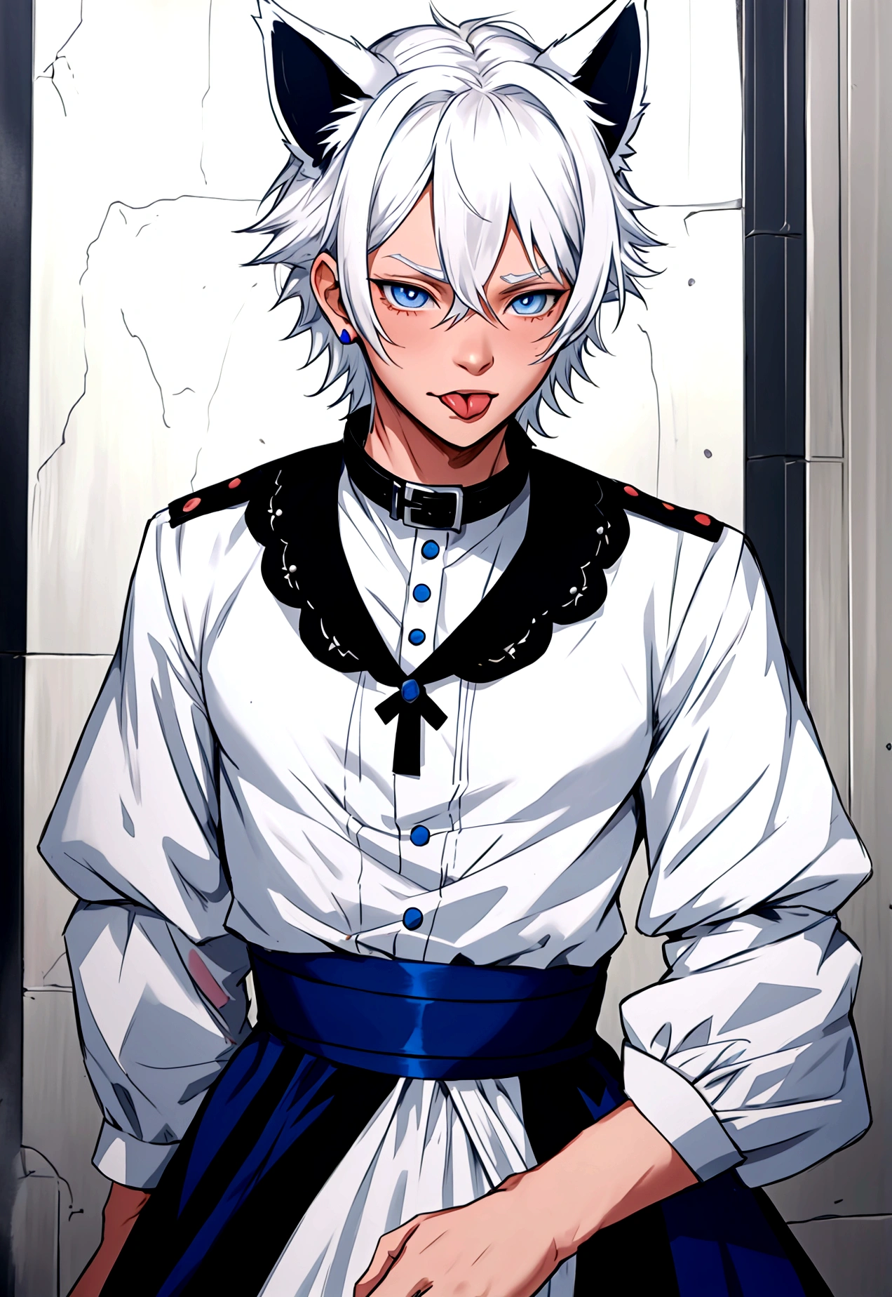 young male ager, white hair, blue eyes, crossdress, wearing a dog collar, dog ears, sticking tongue out, embarassed, prince dress