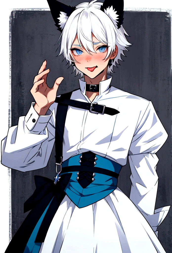 young male teenager, white hair, blue eyes, crossdress, wearing a dog collar, dog ears, sticking tongue out, embarassed, prince dress