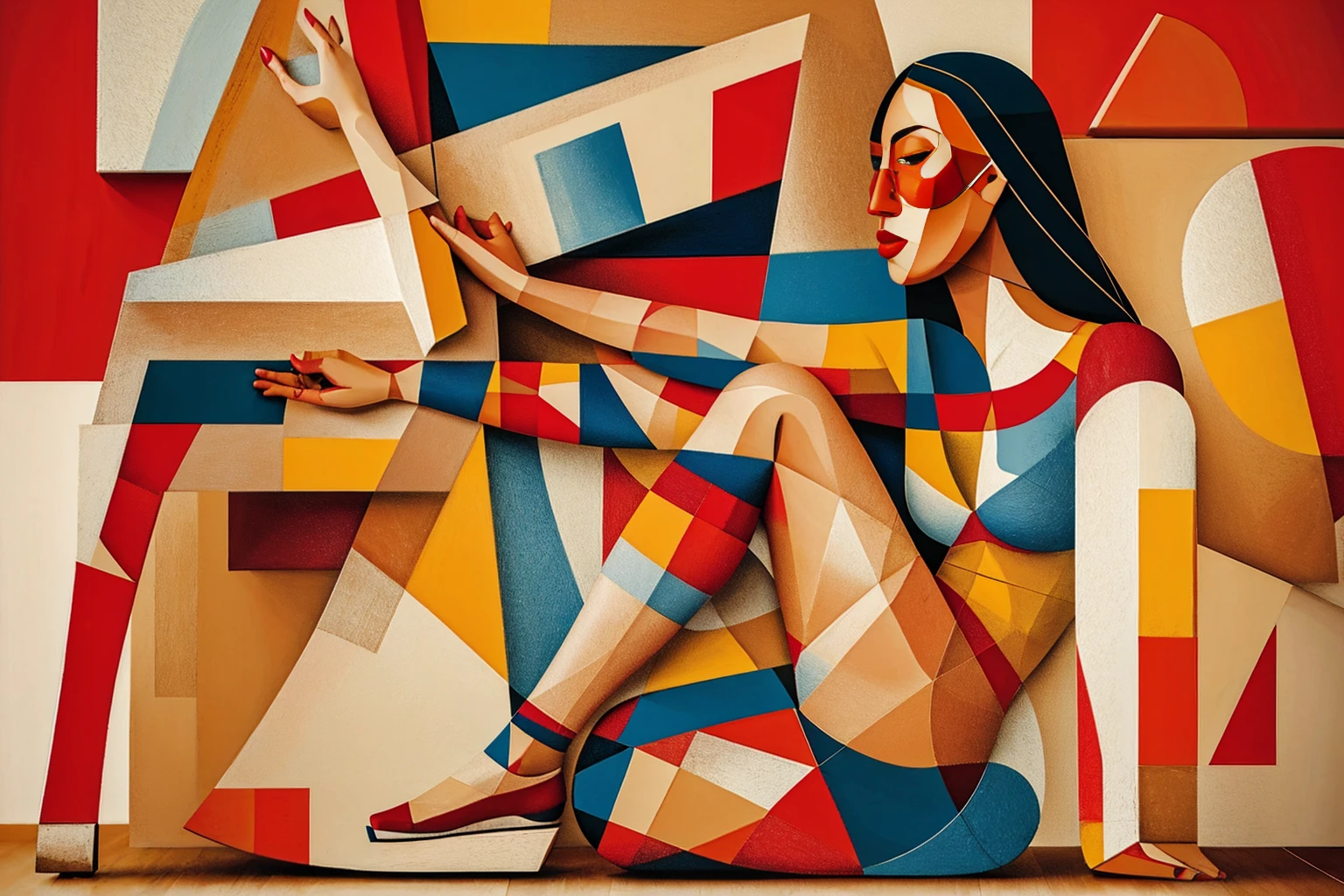 an abstract red and blue woman seated in the floor with the legs open, oil painting, intricate cubism, high details, 