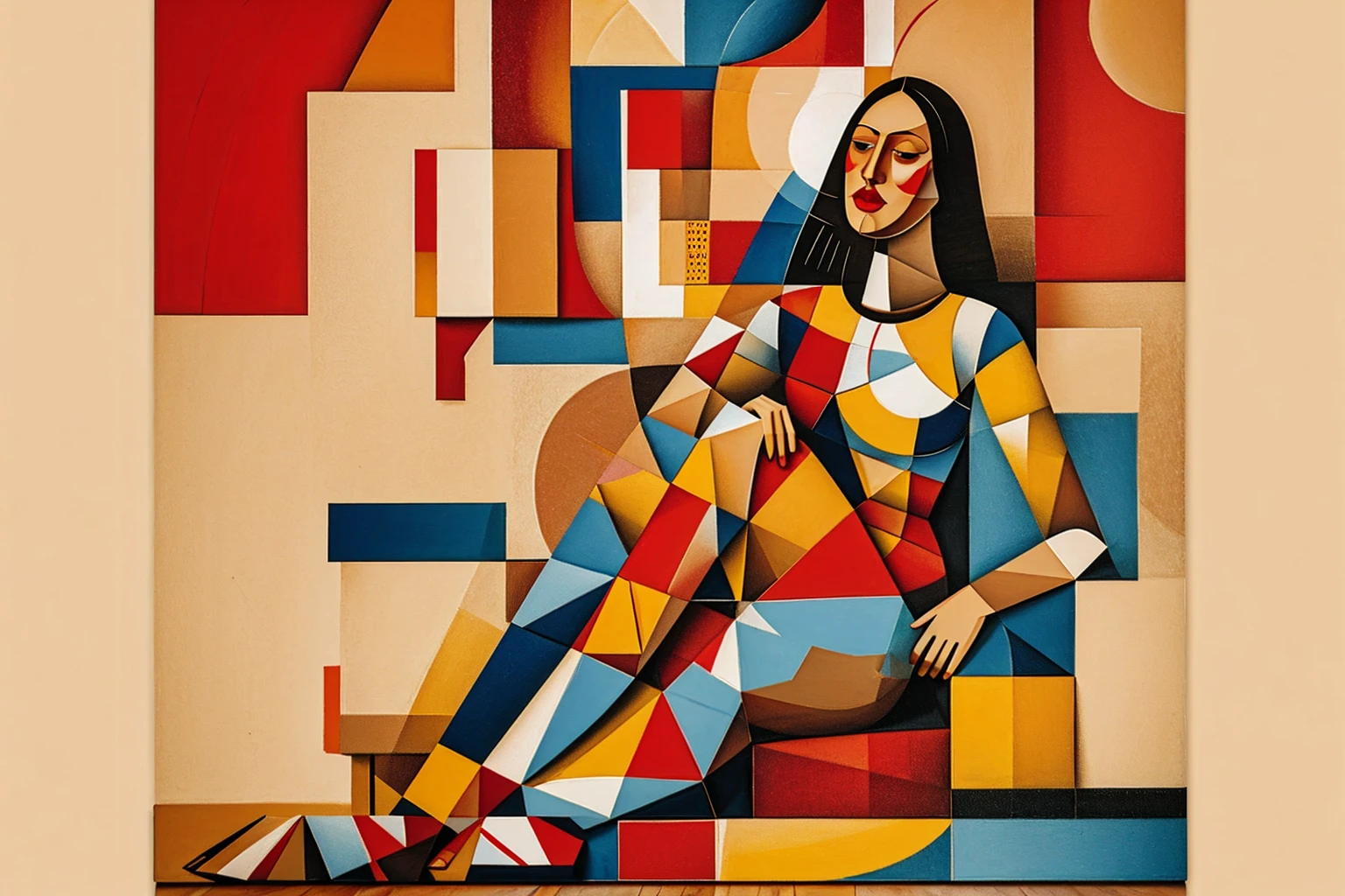 an abstract red and blue woman seated in the floor with the legs open, oil painting, intricate cubism, high details, 