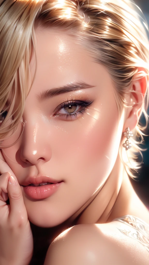 ((best quality)), ((ultra res)), ((photorealistic)), (intricate details), 19 years old, blonde hair, perfect face, make up:1.5, light on face, face detail, NAKED, short hair,