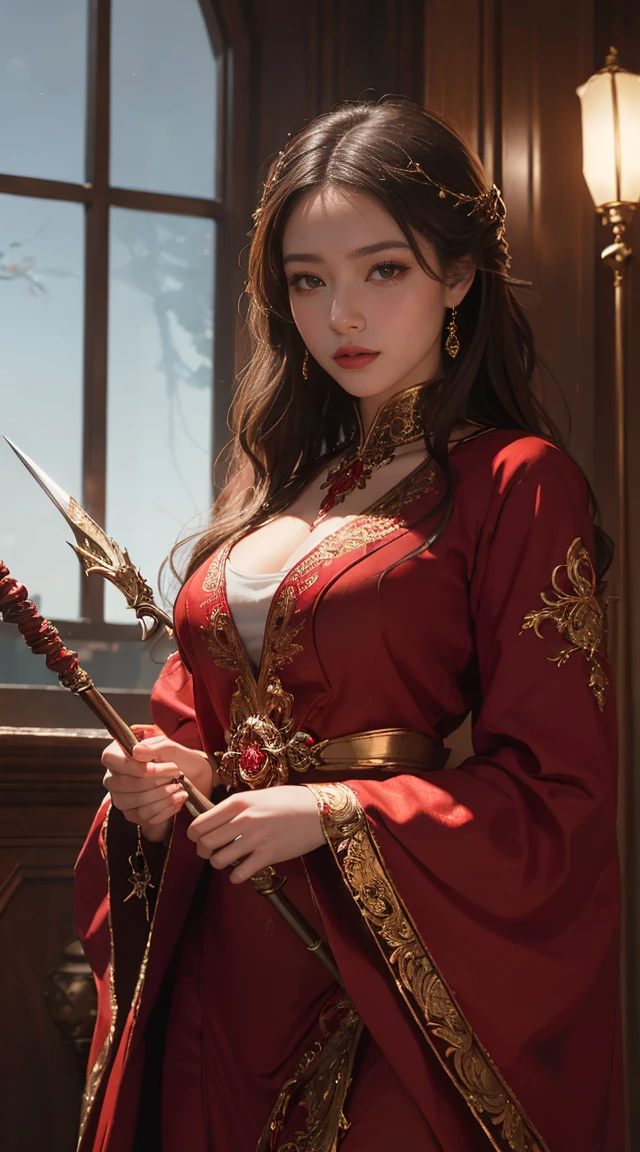 ((work of art))), ((best qualityer))), ((ultra detaild)), (surreal), (highly detailed CG illustration), cinematic light, realisitic, Very beautiful girl,sensuous, light-makeup, Intricate Details EABA, red robe, spear