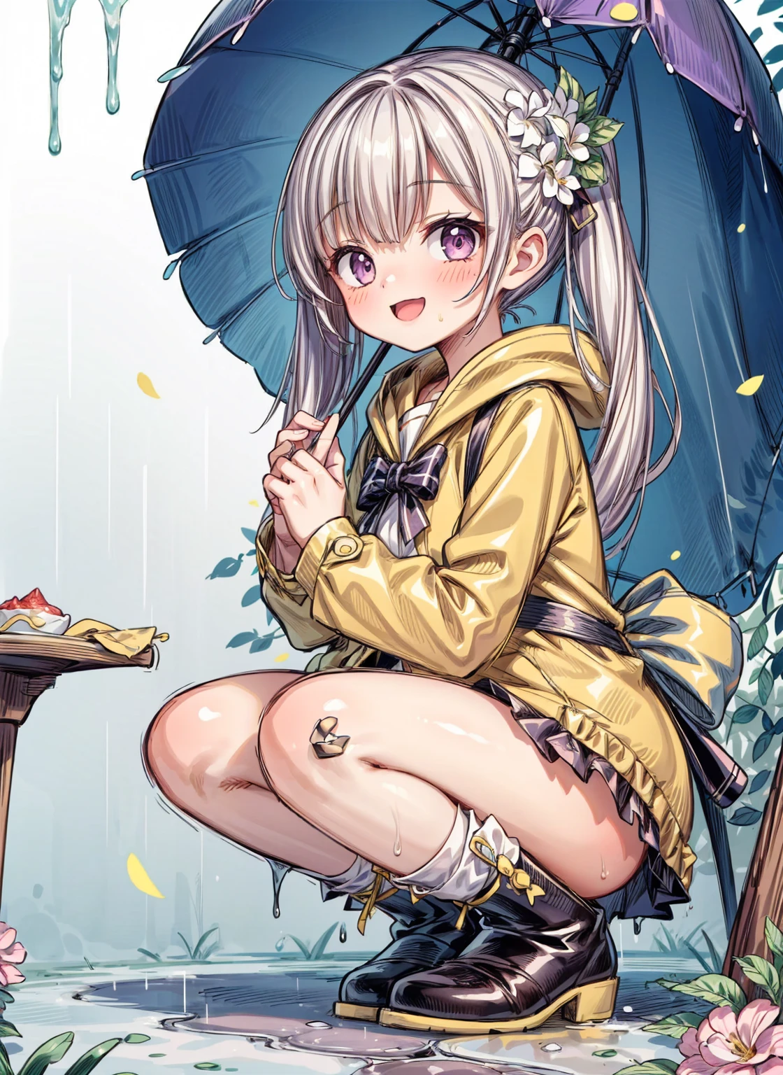 One Girl,rainbow,raincoat,yellow raincoat,rubber Knee-high boots,Hydrangea,flower,Long Hair,Twin tails,Knee-high boots,blush,umbrella,Open your mouth,hair ornaments,Food,alone,Terboz,very Long Hair,Food up,Long sleeve,Low Ponytail,bow,bangs,smile,animal Food,closed umbrella,puddle,Cowboy Shot、squat,:d,Yellow footwear, background,pink flower,Are standing,leaf umbrella,Holding umbrella,food-themed hair ornaments,hair bow,animal ears,Holding,bionde,hair flower,rain,animal,Gray Hair、Light purple eyes、Bob Hair、Laughter、Purple Raincoat、((((heavy,Girl who pees in front of her)))),((Girl peeing forward、A girl urinating vigorously in front of her、Girl urinating a lot in front)), NSFW,Golden liquid dripping down my legs