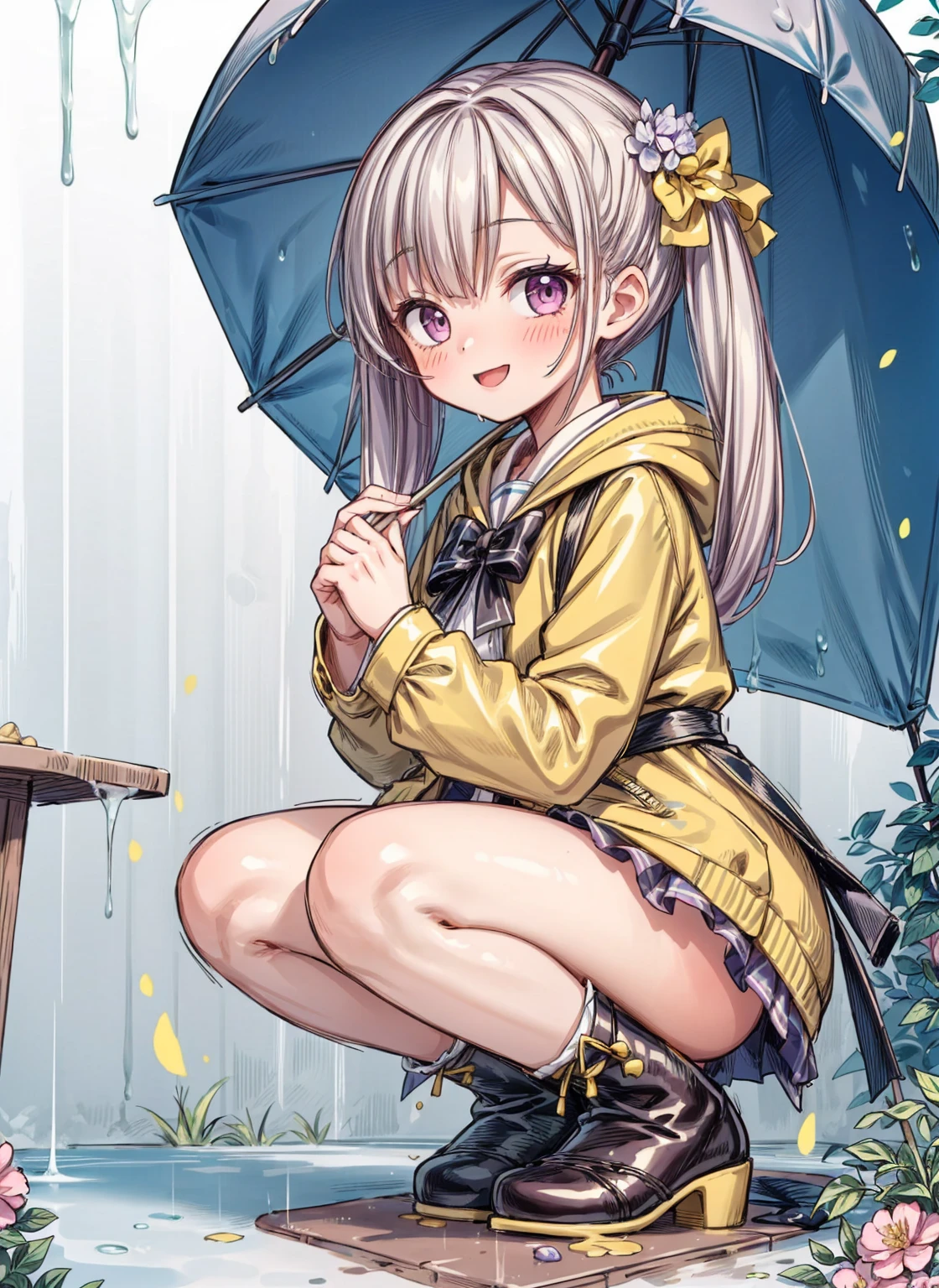 One Girl,rainbow,raincoat,yellow raincoat,rubber Knee-high boots,Hydrangea,flower,Long Hair,Twin tails,Knee-high boots,blush,umbrella,Open your mouth,hair ornaments,Food,alone,Terboz,very Long Hair,Food up,Long sleeve,Low Ponytail,bow,bangs,smile,animal Food,closed umbrella,puddle,Cowboy Shot、squat,:d,Yellow footwear, background,pink flower,Are standing,leaf umbrella,Holding umbrella,food-themed hair ornaments,hair bow,animal ears,Holding,bionde,hair flower,rain,animal,Gray Hair、Light purple eyes、Bob Hair、Laughter、Purple Raincoat、((((heavy,Girl who pees in front of her)))),((Girl peeing forward、A girl urinating vigorously in front of her、Girl urinating a lot in front)), NSFW,Golden liquid dripping down my legs