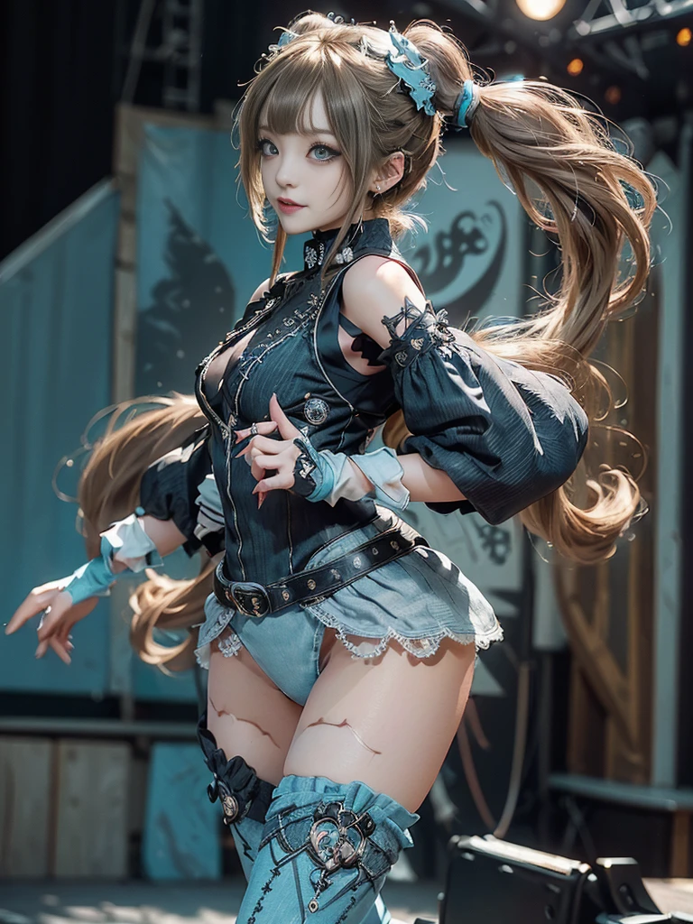 (Full Body View:1.4)、(Side view:1.2)、(Smiling with teeth showing:1.3),(Shibuya Gal:1.5)、(Gothic Lolita style fashion:1.5)、(Punk RockVisual Kei:1.5)、(Wearing a rhythmic gymnastics bodysuit with intricate details:1.4)、(Cloak de cour with delicate decorations in white, denim and turquoise:1.5)、(Denim with turquoise and white boots:1.3)、((belt))、(Numerous delicate logo marks all over the costume:1.4)、(collar:1.3)、(Striped underwear:1.5)、30 years old、NSFW、((Highest quality、In 8K、masterpiece:1.3))、Sharp focus:1.2、(Layered Cut、Beautiful boobs:1.1),Beautiful woman with perfect figure:1.4、(Doing an aerobics pose:1.3)、Slender Abs:1.2、Highly detailed face and skin texture、Detailed eyes、double eyelid,(Twin tails:1.3)、(Brown-golden hair:1.3)、Gravure idol、(The background is the stage of the fashion show:1.3)、(Slim body:1.3),(Make your legs thinner:1.4),（clavicle:1.1）、(Thin thighs:1.2)