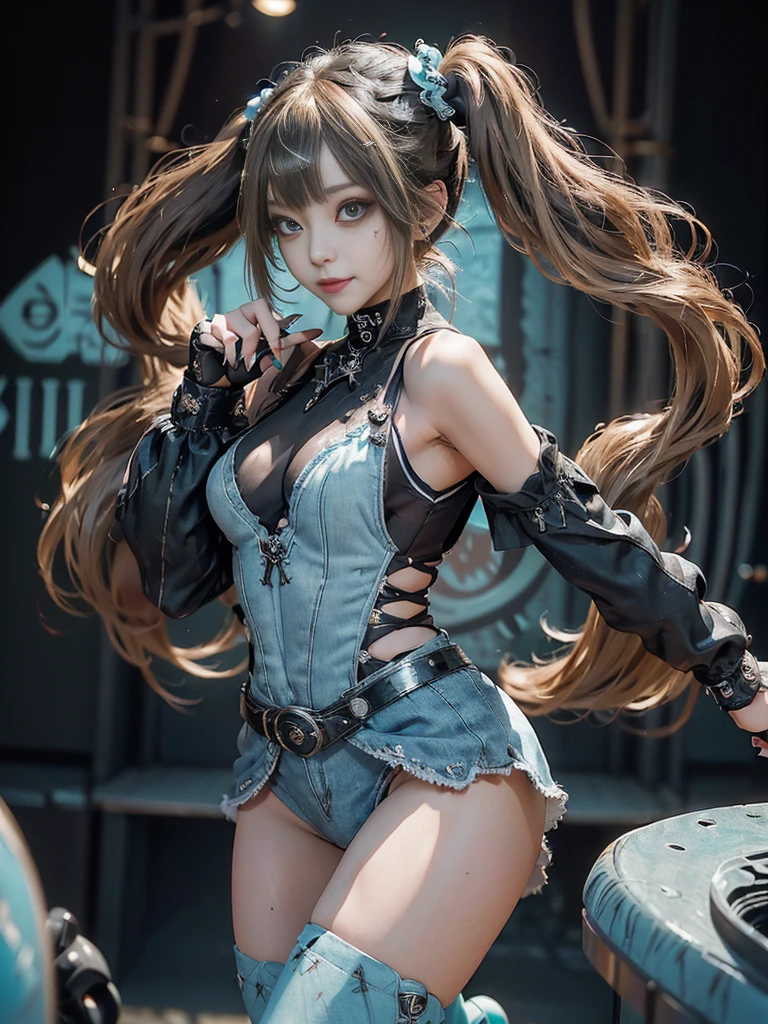 (Full Body View:1.4)、(Side view:1.2)、(Smiling with teeth showing:1.3),(Shibuya Gal:1.5)、(Gothic ta style fashion:1.5)、(Punk RockVisual Kei:1.5)、(Wearing a rhythmic gymnastics bodysuit with intricate details:1.4)、(Cloak de cour with delicate decorations in white, denim and turquoise:1.5)、(Denim with turquoise and white boots:1.3)、((belt))、(Numerous delicate logo marks all over the costume:1.4)、(collar:1.3)、(Striped underwear:1.5)、30 years old、NSFW、((Highest quality、In 8K、masterpiece:1.3))、Sharp focus:1.2、(Layered Cut、Beautiful boobs:1.1),Beautiful woman with perfect figure:1.4、(Doing an aerobics pose:1.3)、Slender Abs:1.2、Highly detailed face and skin texture、Detailed eyes、double eyelid,(Twin tails:1.3)、(Brown-golden hair:1.3)、Gravure idol、(The background is the stage of the fashion show:1.3)、(Slim body:1.3),(Make your legs thinner:1.4),(clavicle:1.1)、(Thin thighs:1.2)