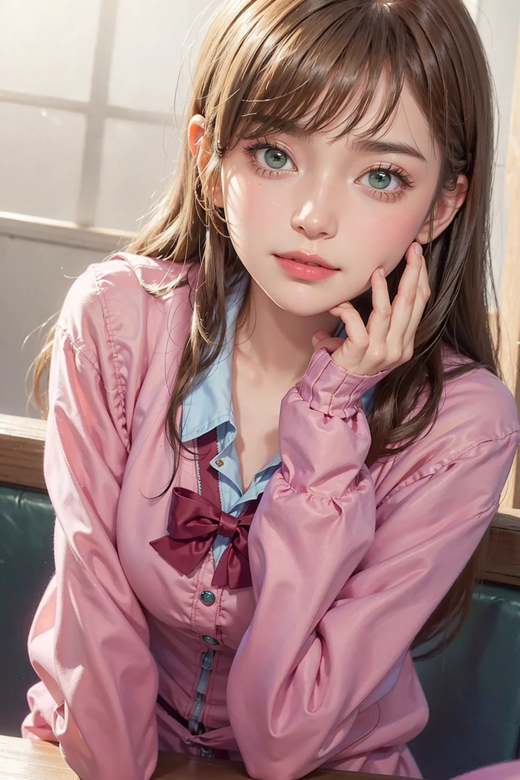 (front focus), (in the dark:1.6), Hyperrealist portrait of female by david hockney and alphonse mucha, fantasy art, photo realistic, dynamic lighting, artstation, poster, volumetric lighting, very detailed faces, 4 k, award winning, 1girl, in the dark, deep shadow, low key, cowboy shot, (official clothing:1.4), long hair, brown hair, green eyes, blushing face, erotic face, teasing face, smiling