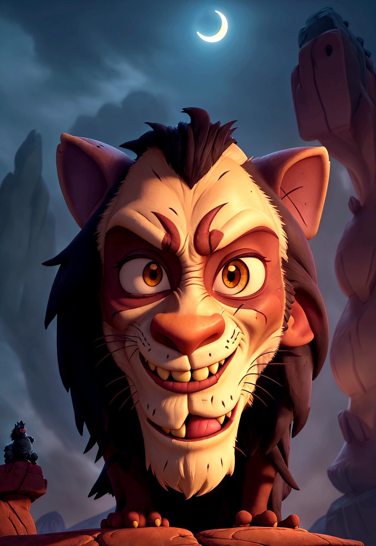 A close-up, stylized animated illustration focusing intently on the prominent, thick, jagged line running vertically across the left eye of the character Scar from the 1994 Disney film "The Lion King". This defining scar is the dominant and most striking feature, a bold, dramatic line cutting across Scar's piercing green eye. Details of his dark mane and slightly menacing expression with bared teeth are present, but the scar itself is the central focus, commanding the viewer's full attention. The atmospheric night landscape with a crescent moon in the background provides a moody, mysterious setting that heightens the intensity and significance of this iconic facial feature. The illustration style is reminiscent of the work of artist Chris Sanders, offering a unique and captivating interpretation that powerfully emphasizes this defining characteristic of the classic Disney villain.