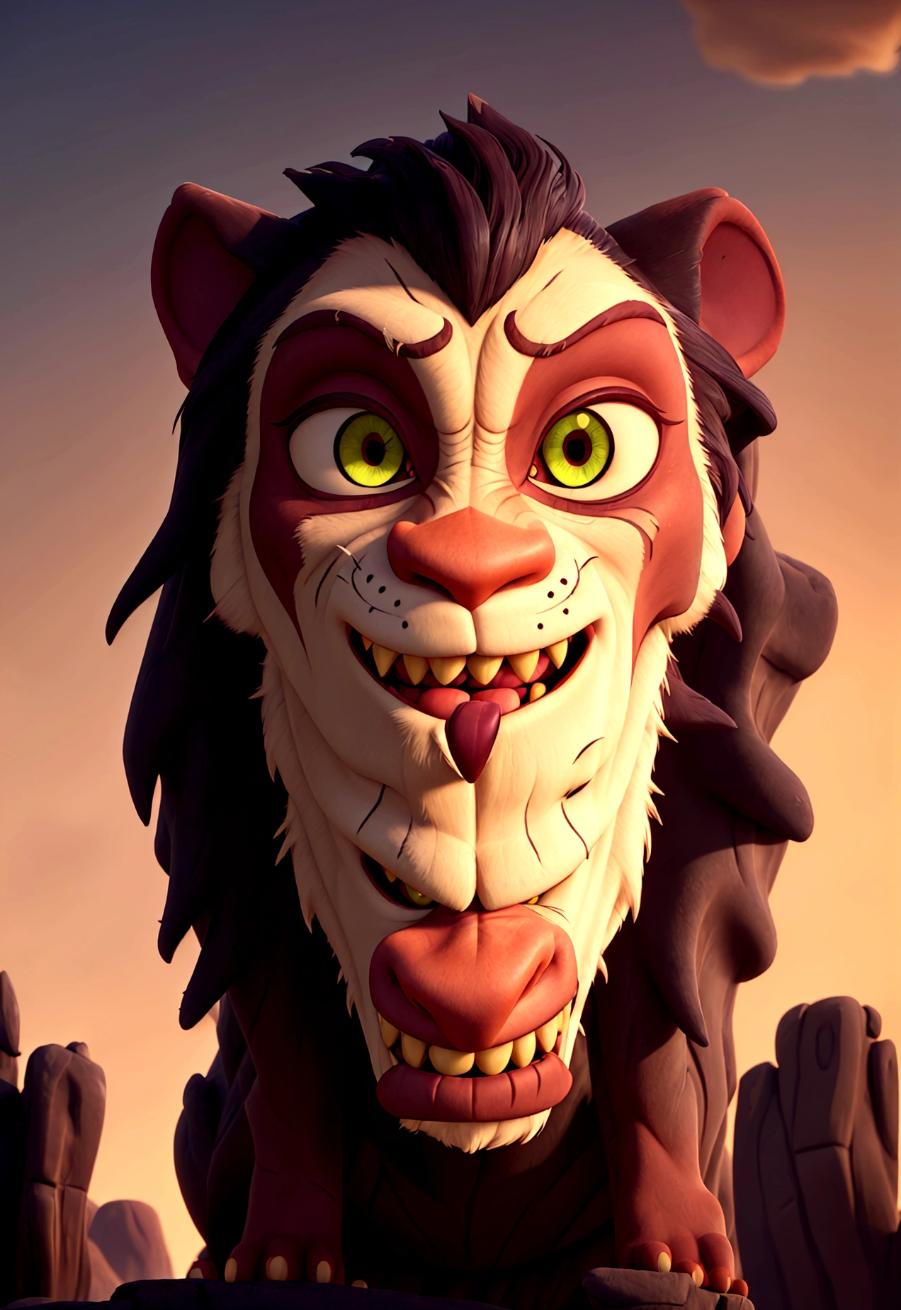 A close-up, stylized animated illustration focusing intently on the prominent, thick, jagged line running vertically across the left eye of the character Scar from the 1994 Disney film "The Lion King". This defining scar is the dominant and most striking feature, a bold, dramatic line cutting across Scar's piercing green eye. Details of his dark mane and slightly menacing expression with bared teeth are present, but the scar itself is the central focus, commanding the viewer's full attention. The atmospheric night landscape with a crescent moon in the background provides a moody, mysterious setting that heightens the intensity and significance of this iconic facial feature. The illustration style is reminiscent of the work of artist Chris Sanders, offering a unique and captivating interpretation that powerfully emphasizes this defining characteristic of the classic Disney villain.