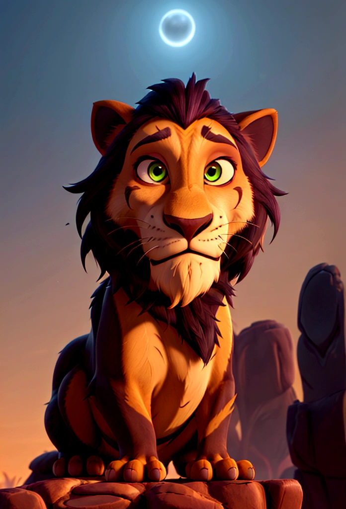 A close-up, stylized animated illustration focusing intently on the prominent, thick, jagged line running vertically across the left eye of the character Scar from the 1994 Disney film "The Lion King". This defining scar is the dominant and most striking feature, a bold, dramatic line cutting across Scar's piercing green eye. Details of his dark mane and slightly menacing expression with bared teeth are present, but the scar itself is the central focus, commanding the viewer's full attention. The atmospheric night landscape with a crescent moon in the background provides a moody, mysterious setting that heightens the intensity and significance of this iconic facial feature. The illustration style is reminiscent of the work of artist Chris Sanders, offering a unique and captivating interpretation that powerfully emphasizes this defining characteristic of the classic Disney villain.