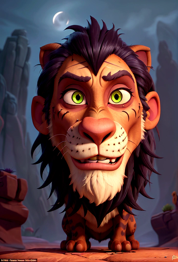 A close-up, stylized animated illustration focusing intently on the prominent, thick, jagged line running vertically across the left eye of the character Scar from the 1994 Disney film "The Lion King". This defining scar is the dominant and most striking feature, a bold, dramatic line cutting across Scar's piercing green eye. Details of his dark mane and slightly menacing expression with bared teeth are present, but the scar itself is the central focus, commanding the viewer's full attention. The atmospheric night landscape with a crescent moon in the background provides a moody, mysterious setting that heightens the intensity and significance of this iconic facial feature. The illustration style is reminiscent of the work of artist Chris Sanders, offering a unique and captivating interpretation that powerfully emphasizes this defining characteristic of the classic Disney villain.