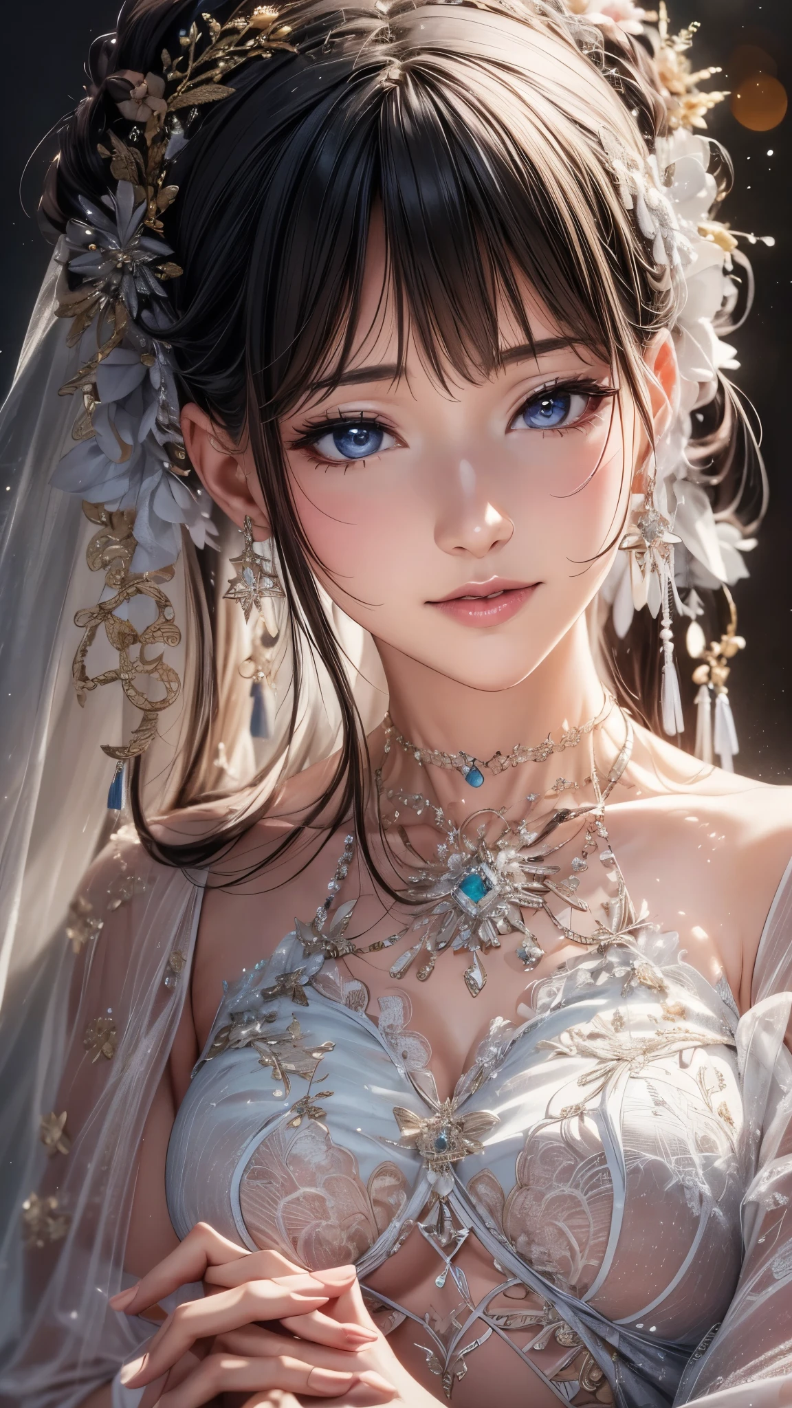 best quality, masterpiece, High resolution, 1 chinese girl,Wedding dress,hair accessories,necklace, jewelry,pretty face,Above_Body, The Tyndall effect,Realistic, Dark Studio, Edge lighting, two color lights,(Highly detailed skin:1.2), 8K uhd, DSLR camera, soft light, high quality, Volumetric lighting, confess, photo, High resolution, 8K, Bokeh
