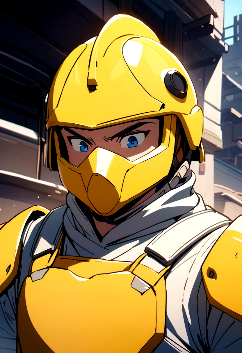 Animated character in yellow helmet and white shirt