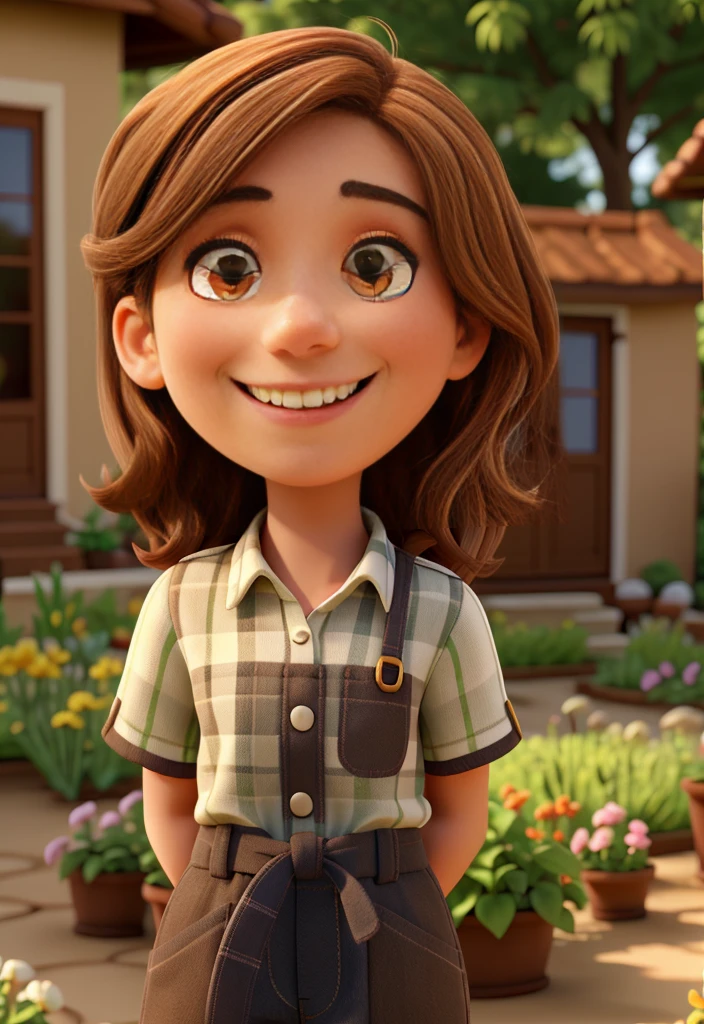 Happy woman smiling, light brown hair, light brown eyes, with garden in background