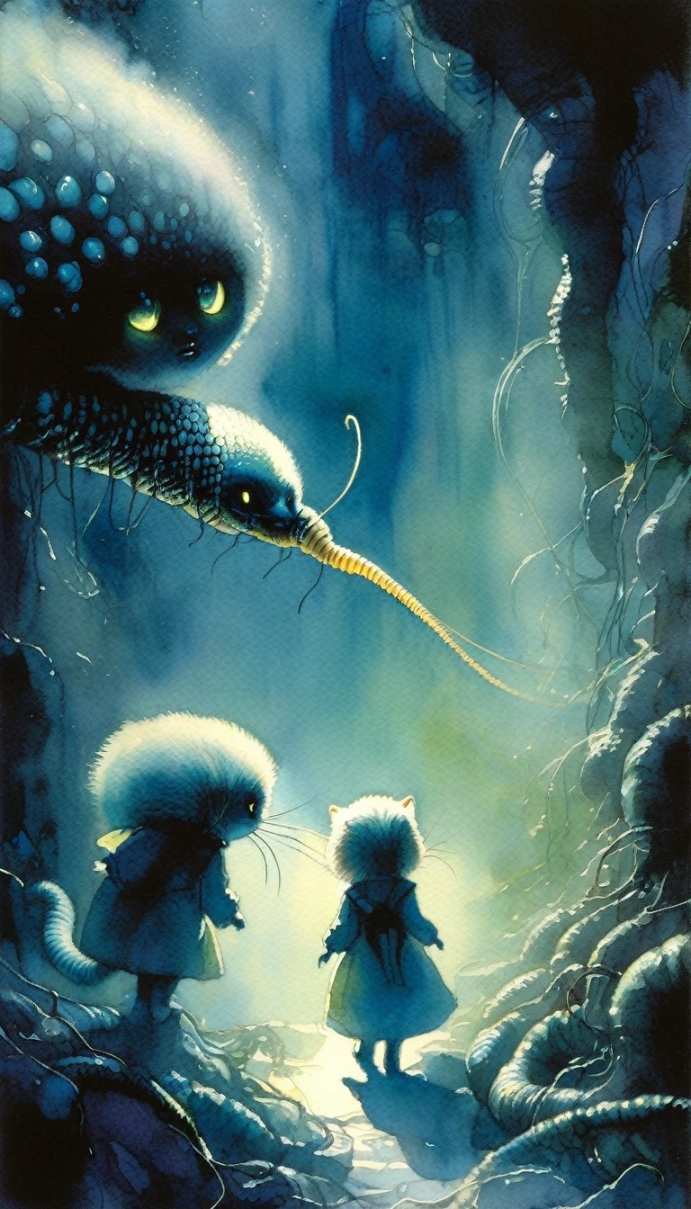 Two women,cool,cute,beautiful, a fun day, an underground expedition, dark and creepy creatures, Artistic, memorable masterpieces, moments in history,close up, mist Watercolor:1.3, Delicate, Detail, Masterpiece, (cute worm-cats:1.3),(intricate:1.2), high contrast, (art inspired in Bill Sienkiewicz). oil painting)
