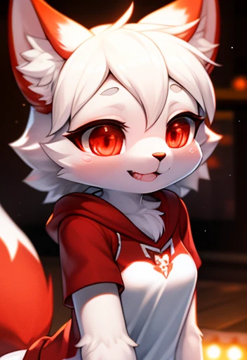 furry, white fur, ultra cute face, red elements on fur, glowing t-shrt, beautiful lights and shadows, ambient light, ultra detailed fur, volumetric light