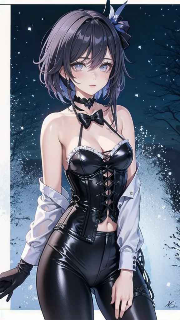 Masterpiece, Beautiful art, professional artist, 8k, Very detailed face, Detailed clothing, detailed fabric, 1 girl, Soul Fullness \(Honkai Impact 3rd\), front view, standing, perfectly drawn body, shy expression, pale skin, beautiful face, short dark blue hair, 4k eyes, very detailed eyes, pink cheeks, choker:1.6, (white long sleeve button down shirt with white collar), black gloves, gloves that cover hands, (black leather corset), (shiny black leggings), Sensual Lips , winter night, show details in the eyes, looking at the viewer, dark forest, Atmosphere, fog, At night