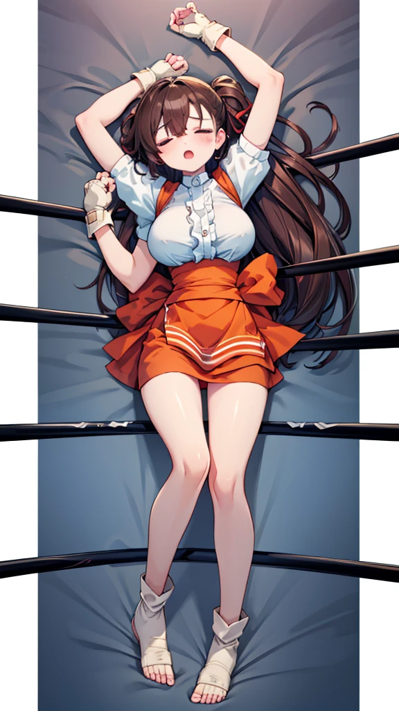 Highest quality，masterpiece，Lying down，sleep，(レスリングのリングにLying down, WWE Divas，Wrestling Arena，Wrestling ring background, Boxing ring background), 仰向けにsleep, Lack of stamina, Ryona, Hitting a girl, death is near，タケユカ 超ロングヘア ヘアribbon, Frilled shirt, Underbust, ribbon, Fingerless gloves, White gloves, Waist apron, Orange Skirt, socks, Toeless legwear，winner, Nice, winner, (Moaning , Open your mouth), ((, 仰向けにsleep, 地面にsleep, lose consciousness, Unconscious, )), , ( Tilt your head),