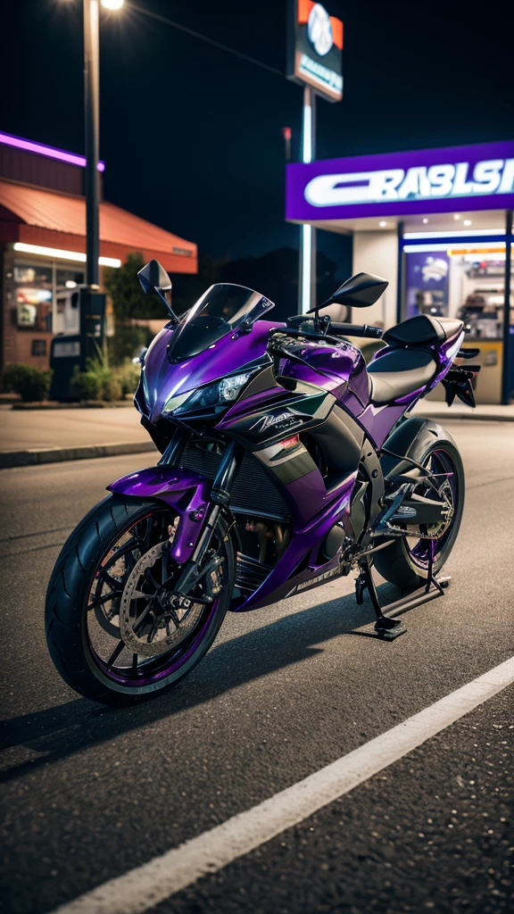 there is a Deep Purple motorcycle parked in front of a gas station, a picture by Daniel Seghers, pexels contest winner, photorealism, kawasaki Ninja motorbike, kawasaki, shot with sony alpha 1 camera, motorcycle, shot with sony alpha, shot on leica sl2, shot on canon eos r 5, shot on canon eos r5