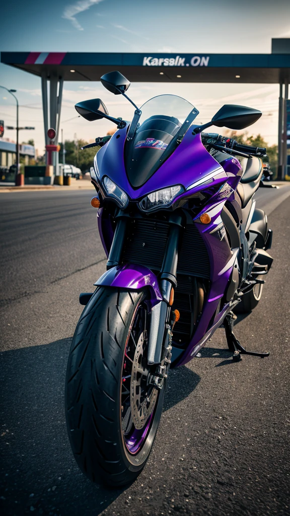 there is a Deep Purple motorcycle parked in front of a gas station, a picture by Daniel Seghers, pexels contest winner, photorealism, kawasaki Ninja motorbike, kawasaki, shot with sony alpha 1 camera, motorcycle, shot with sony alpha, shot on leica sl2, shot on canon eos r 5, shot on canon eos r5