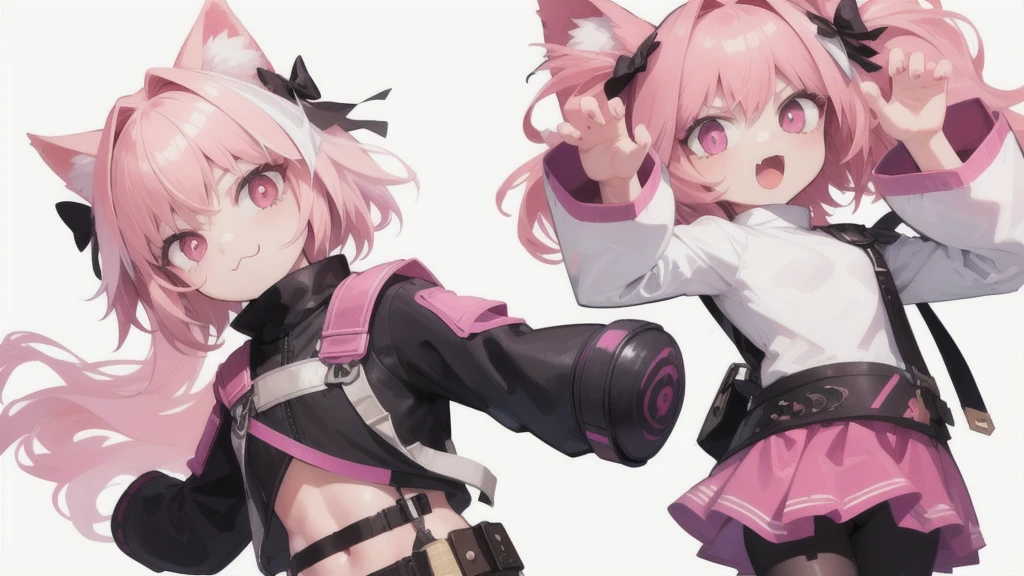 score_9, score_8_up, score_7_up, score_6_up, score_5_up, score_4_up, (((blank_background, white_background))), 1girl, solo, necoarc, lit pupils, cat ears, (pink hair, pink_eyes), chibi, :3, turtleneck, fight_pose, astolfo_costume, purple skirt, pantyhose,NECOARC PINK HAIR,NECOARC BLONDE HAIR