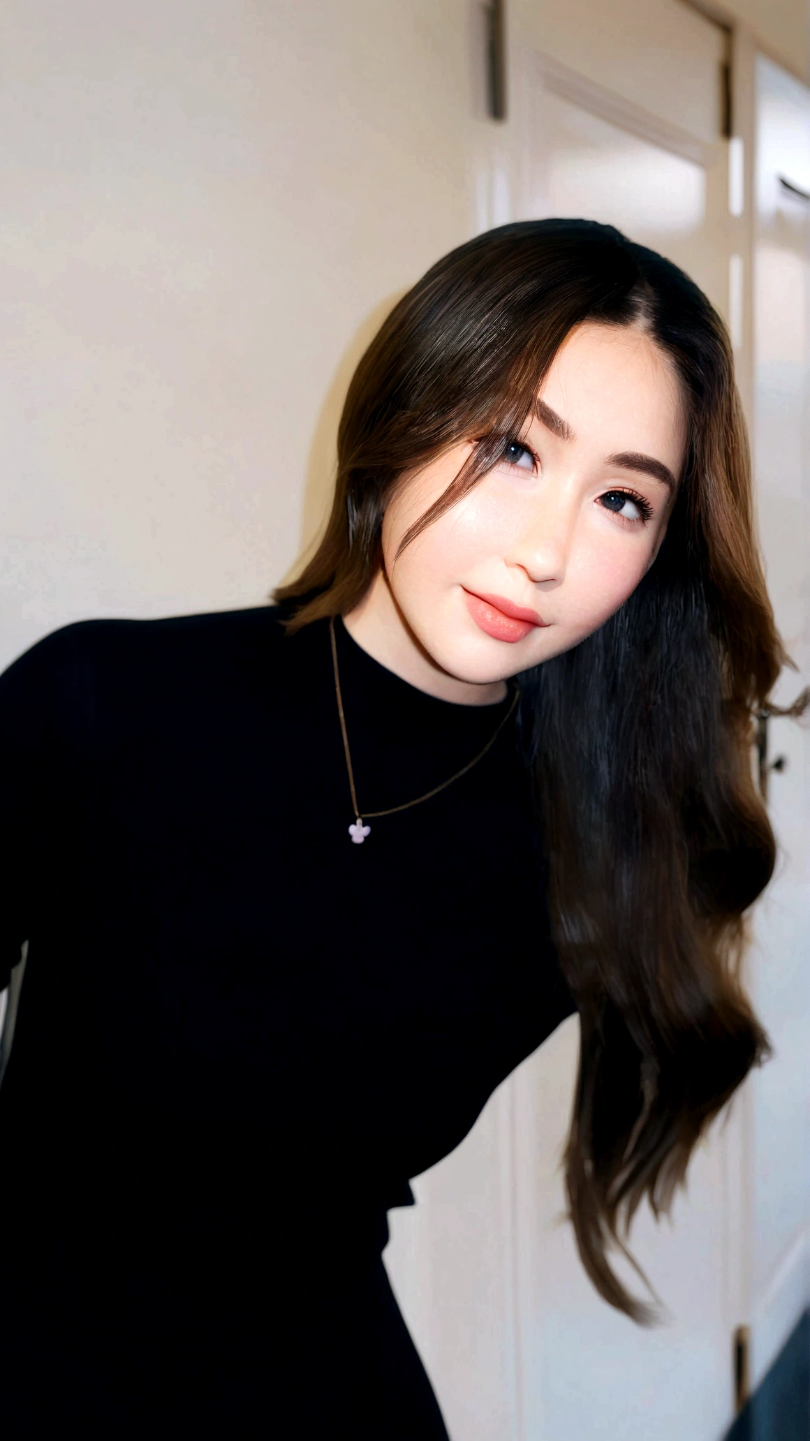 close-up, portrait, masterpiece, best quality, (photorealistic:1.3), 1girl, solo, long hair, brown eyes, brown hair, smile, highly detailed intricate black lace turtleneck dress,